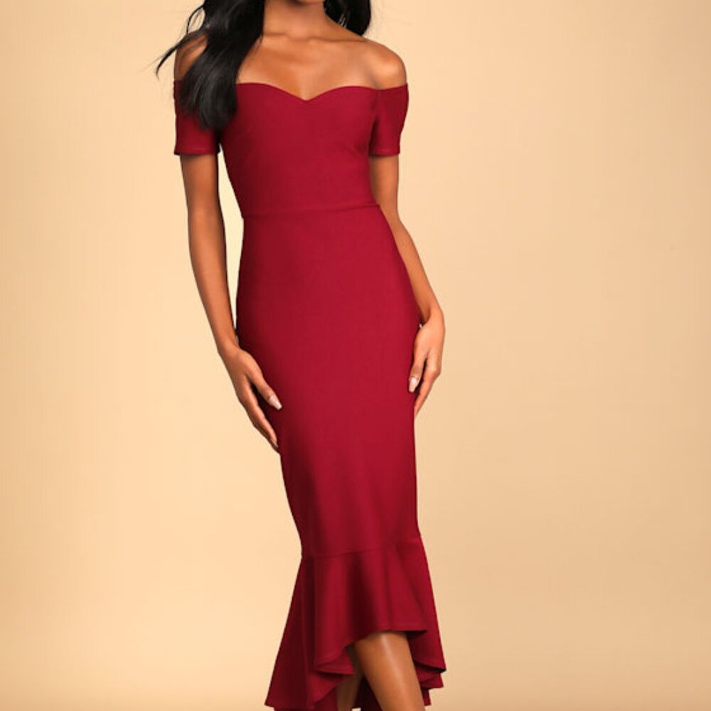 Lulus How Much I Care Wine Red Off-the-shoulder Midi Dress - Size M